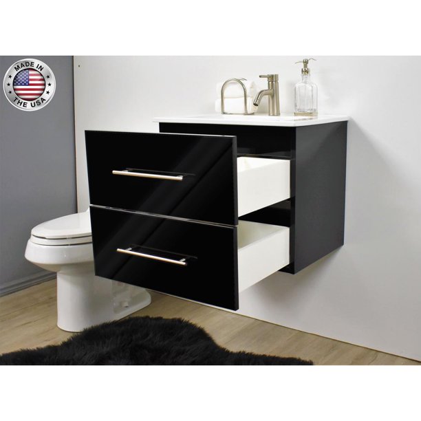 Napa 30 Modern Wall Mounted Floating Bathroom Vanity In Glossy Black With Ceramic Top And Round Handles Com Floating Bathroom Vanity, 30 Inch Floating Vanity With Vessel Sink