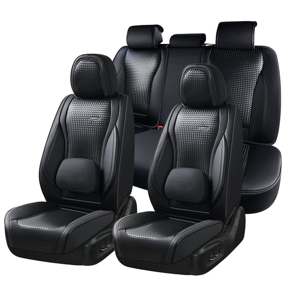 Coverado Car Seat Covers Full Set, Waterproof High-grade Leather Seat Protectors with Lumbar Support, Auto Cushions Universal Fit for Most Cars SUV Trucks, Black