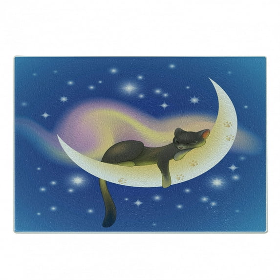 Cat Cutting Board, Cat Sleeping on Crescent Moon Stars Night Dreams Themed Design, Decorative Tempered Glass Cutting and Serving Board, Small Size, Yellow Blue, by Ambesonne