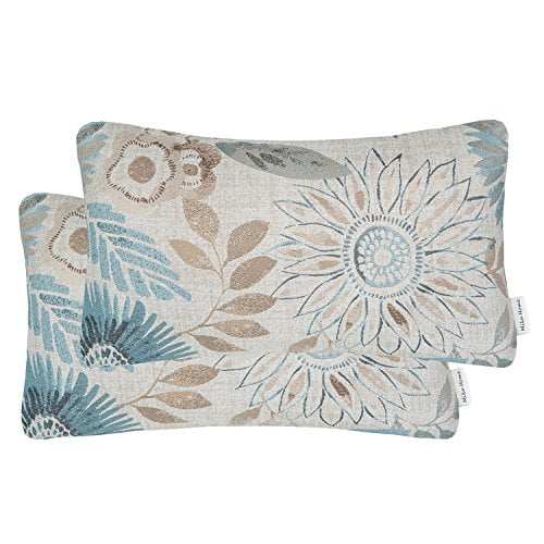 Mika Home Lot de 2 Housses de Coussin Décoratives Oblongues Rectangulaires pour Chaise Motif Tournesol 12X20 Pouces Bleu Crème