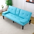 thumbnail image 3 of MIKIBAMA 67 Inch Blue PU Leather Modern Convertible Futon Sofa Bed Removable Armrests Built In Cup Holders Space Saving for Living Room, 3 of 7