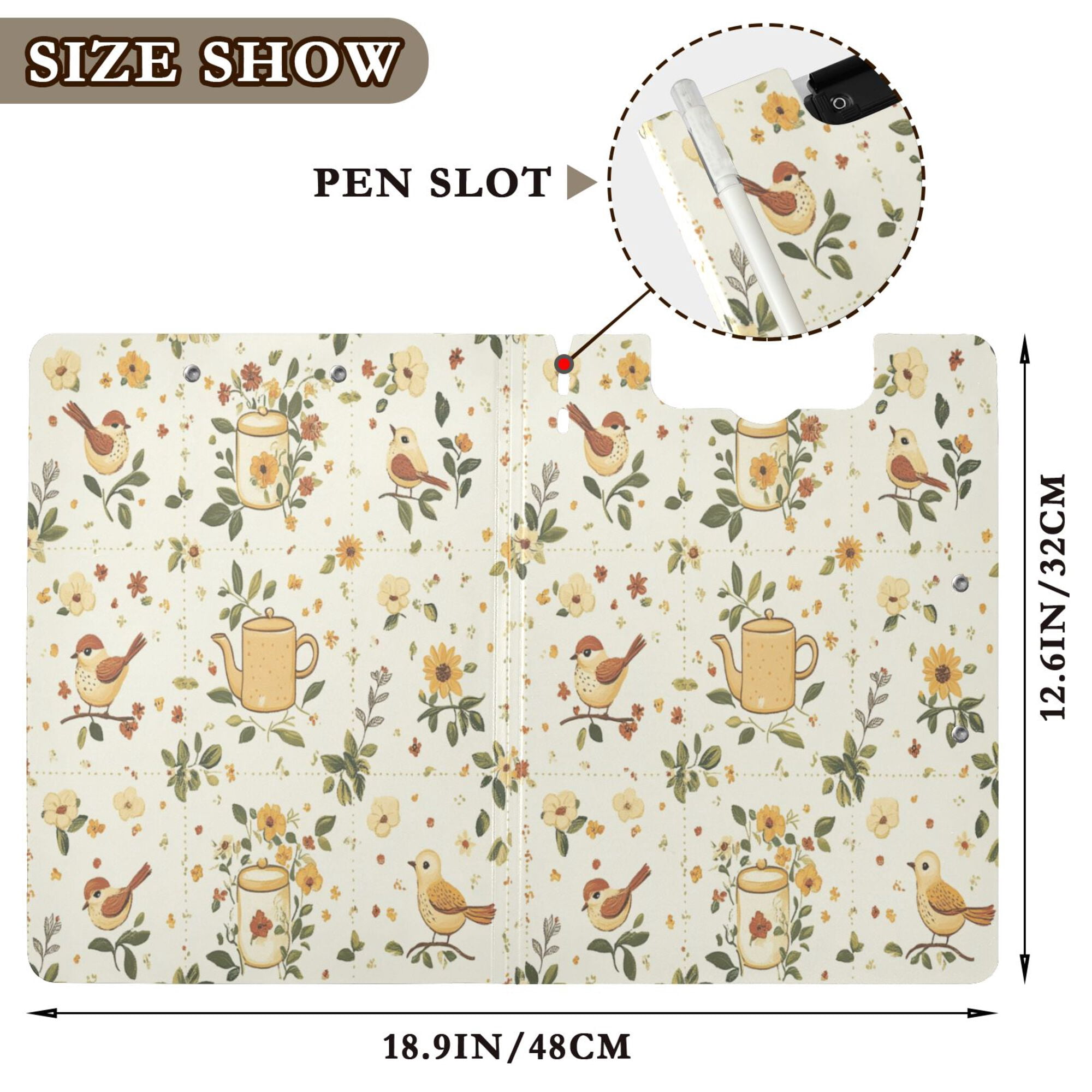 FORMRS A4 Clipboard Folder with Pen Holder Horizontal Foldable School Office Binder, Birds Sunflowers