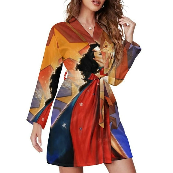 Wonder Woman Nightgowns for Women Belted Sleepwear V-Neck Night Shirt Long Sleeve Printed Pajamas Sleep Dress S