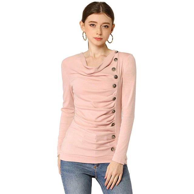 Women's Cowl Neck Long Sleeves Buttons Decor Ruched Top
