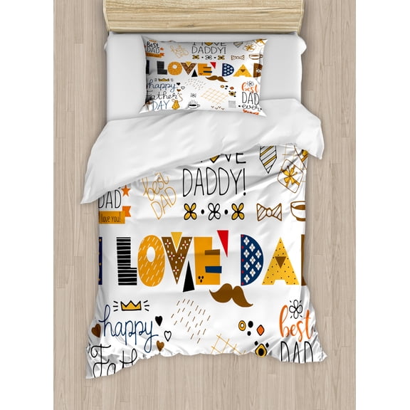 Father's Day Duvet Cover Set Twin Size, I Love Dad Doodle Style Hand Drawn Items, Decorative 2 Piece Bedding Set with 1 Pillow Sham, Orange Charcoal Grey Dark Slate Blue and Umber, by Ambesonne