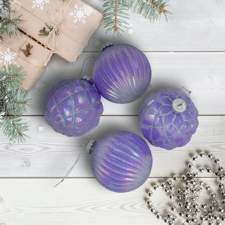Shiny Glittered Iridescent Glass Ball Christmas Ornaments - 3" (80mm) - Purple - 4ct