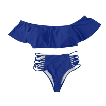 MGCWSH Women s Off Shoulder Ruffle Bandeau Bikini Swimsuit Top Blue L
