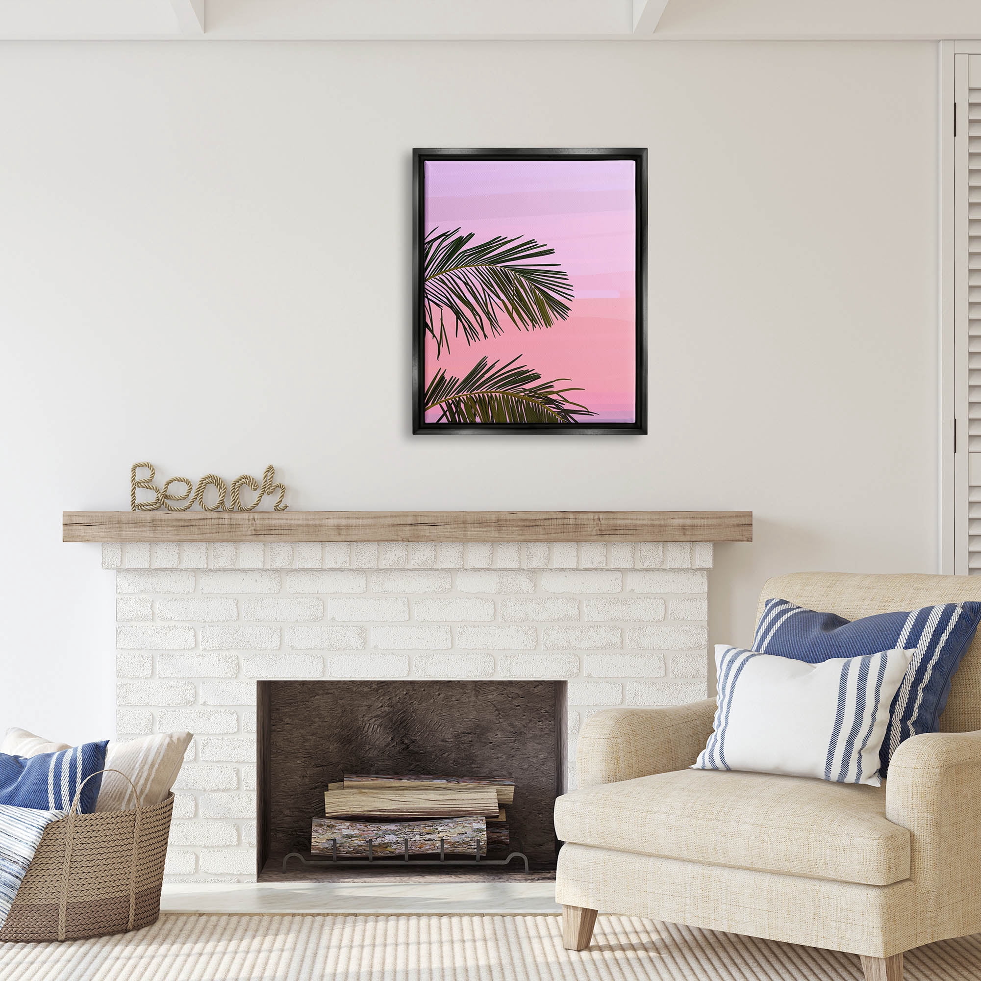 Stupell Industries Pink & Purple Sunset Palm Leaves Coastal Painting Black Floater Framed Art Print Wall Art
