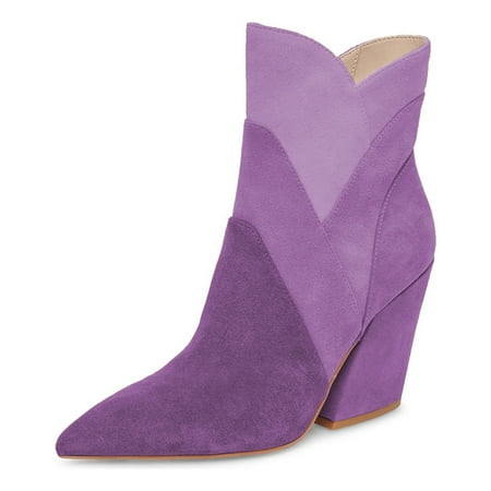 

FSJ Women Stylish Pointed Closed Toe Sturdy Chunky High Heel Ankle Boots Multicolor Pattern Side Zipper Short Booties Novel Dress Shoes Size 8 Purple