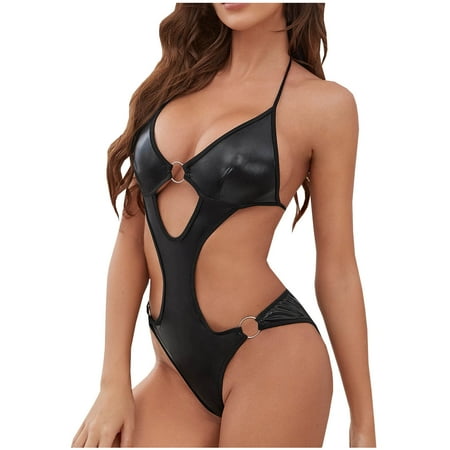50% OFF Valentines Day!TMOYZQ Women s Leather Bodysuit Sexy Cutout Halter Open Back Teddy Mini Babydoll Lingerie Bustier Boudoir Outfits