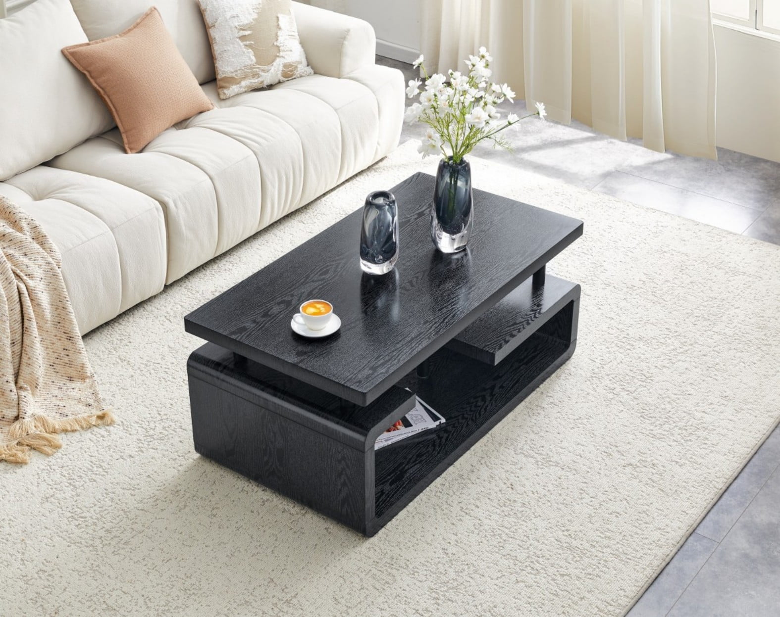 3-Tier Coffee Table, Wood Grain MDF Storage Table with Open Shelves, Modern Multi-Layer Living Room Table for Home Office & Small Spaces, Black