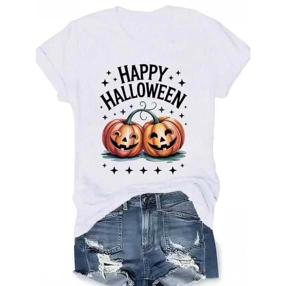 Halloween Tee Jack O Lantern Bat Print T Shirt Cherry Pumpkin Graphic Tees Breathable Tops White S-5XL