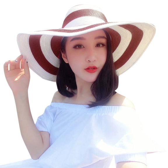 Womens Baseball Caps Wide Brim Sun Hats For Women UV Protection Big Bowknot Straw Stripe Floppy Foldable Roll up Beach Red