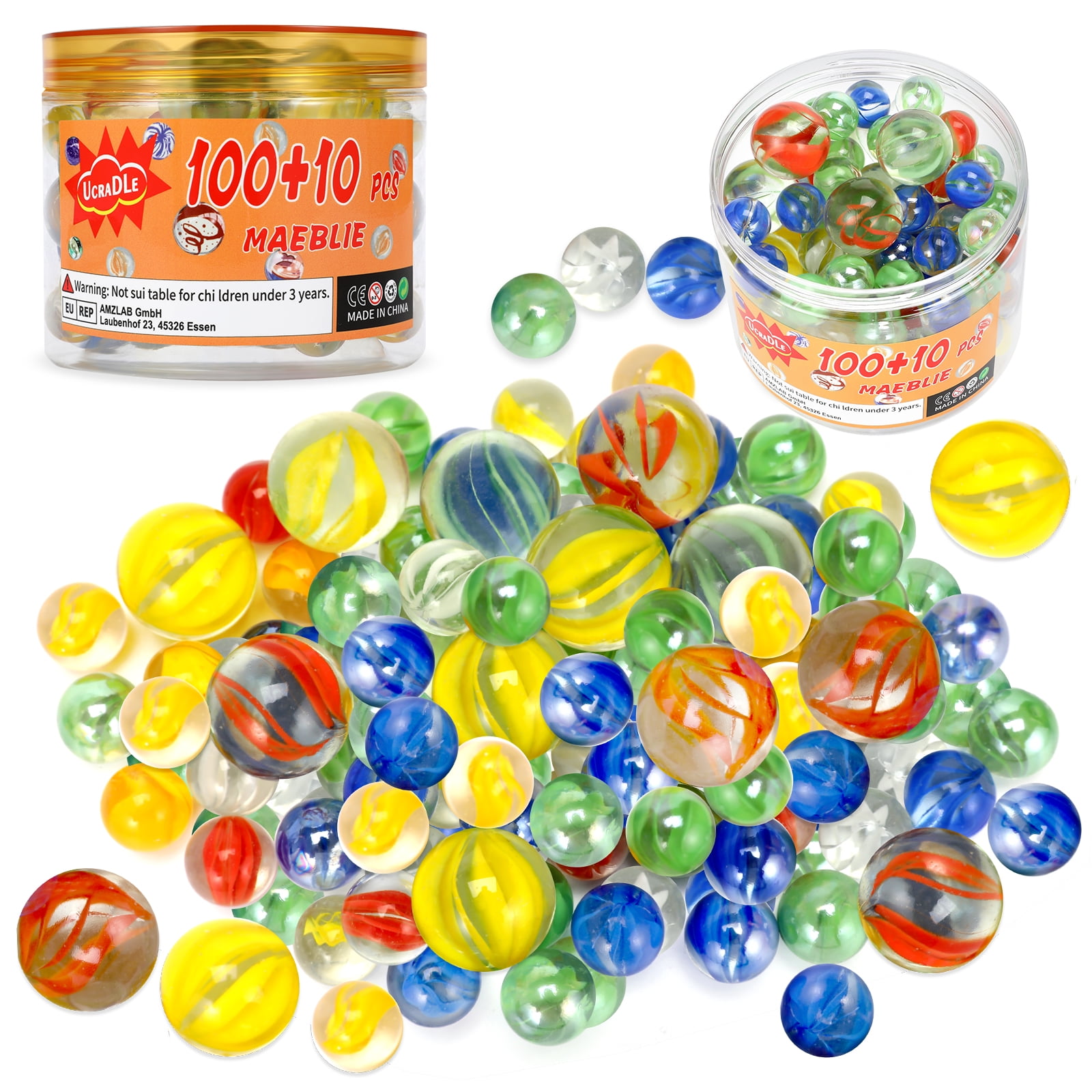 Ucradle Glass Marbles, 100 Pieces 16mm+10pieces 25mm Traditional Assorted Colorful Classic Retro