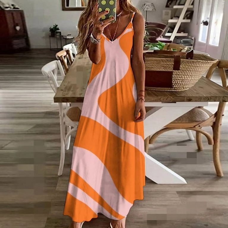 orange suspender dress Abstract Orange Pink Wavy Design Sleeveless Suspender Dress Summer Fashion  Casual Long Dress