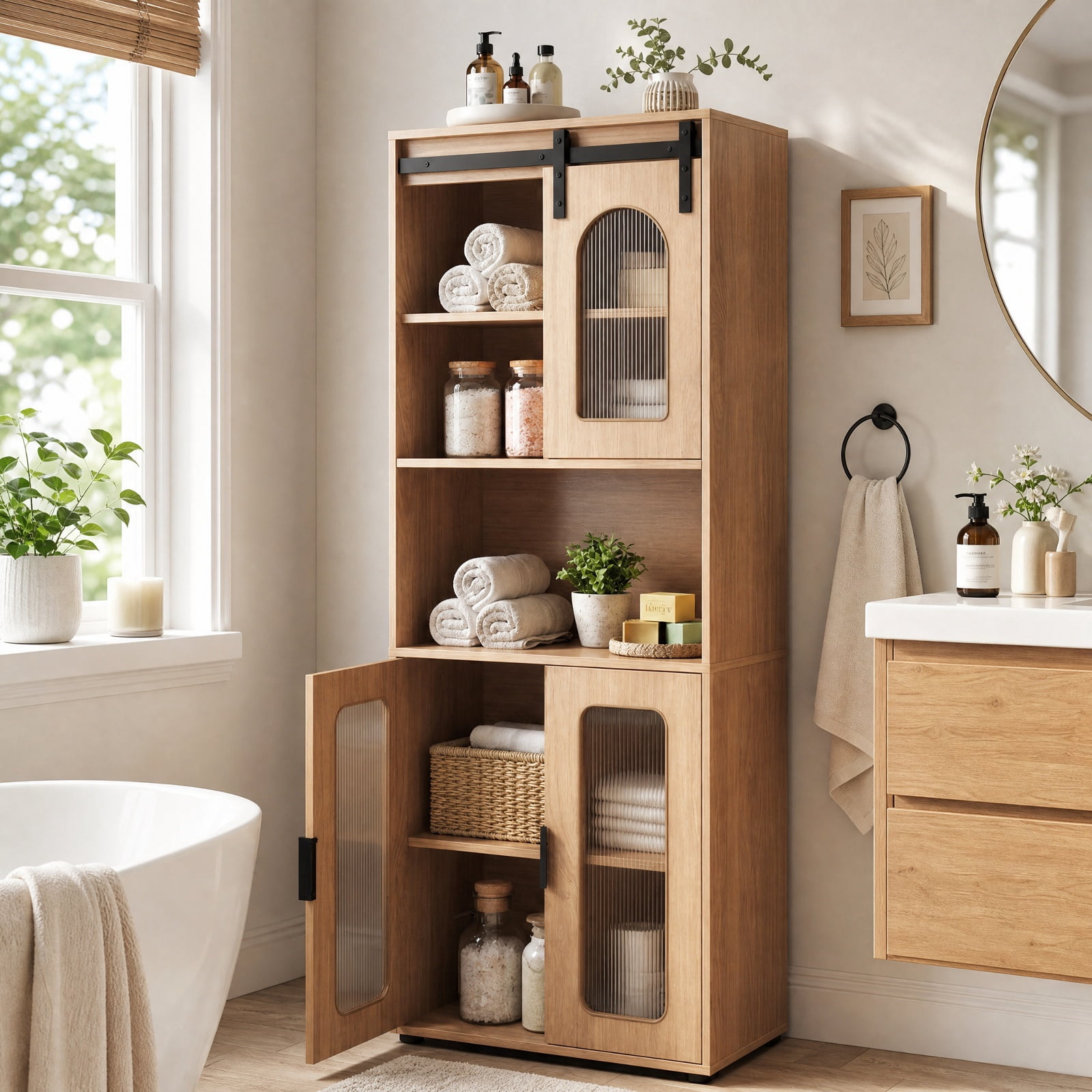 Vebreda Freestanding Bathroom Storage Cabinet, Farmhouse Bathroom Floor Cabinet with Sliding Barn Door, Large Storage Capacity