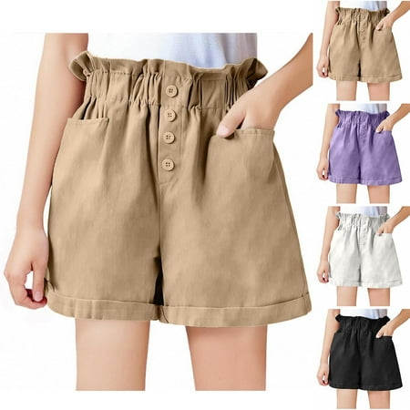 Pounoo New 2025 Girls Shorts Size 10-12 Loose Solid Summer Shorts Elastic Waisted Button Front with Pocket Comfortable Shorts for Girls