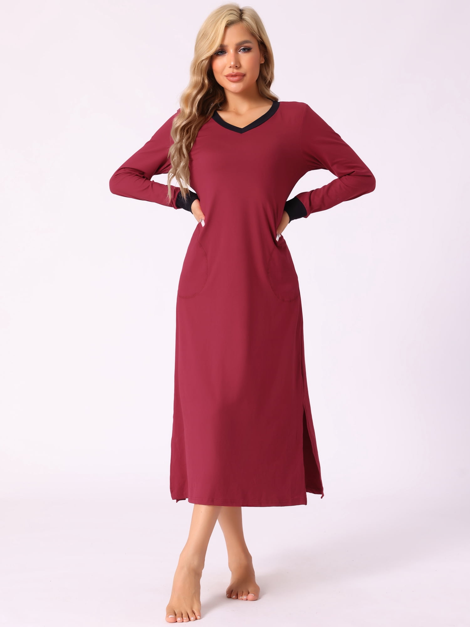 DARING DIVA Women's V Neck Cozy Long Sleeve Nightgown with Pockets S Red