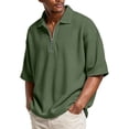 thumbnail image 2 of Lumtrix Short Sleeve Waffle Shirts For Men Quarter Zip Pullover Casual Slim Fit Stand Collar Polo Shirt Textured Knit Casual Tops Dark Green 2XL, 2 of 7