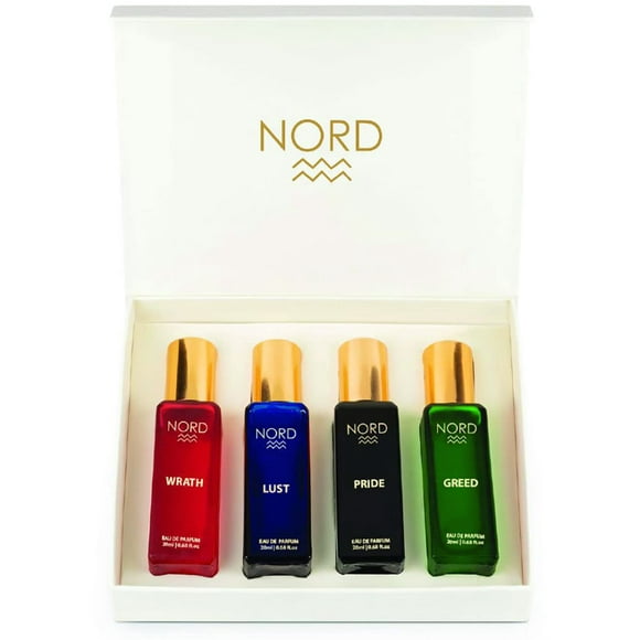 Nord Eau de Parfum Pack de Voyage Coffret Cadeau pour Hommes Pride+ Lust+ Furthery+ Greedy Mini Parfum Lot de 4X 20ml - 0.67 Fl.oz. Chacun Cadeau Parfait pour Garçons