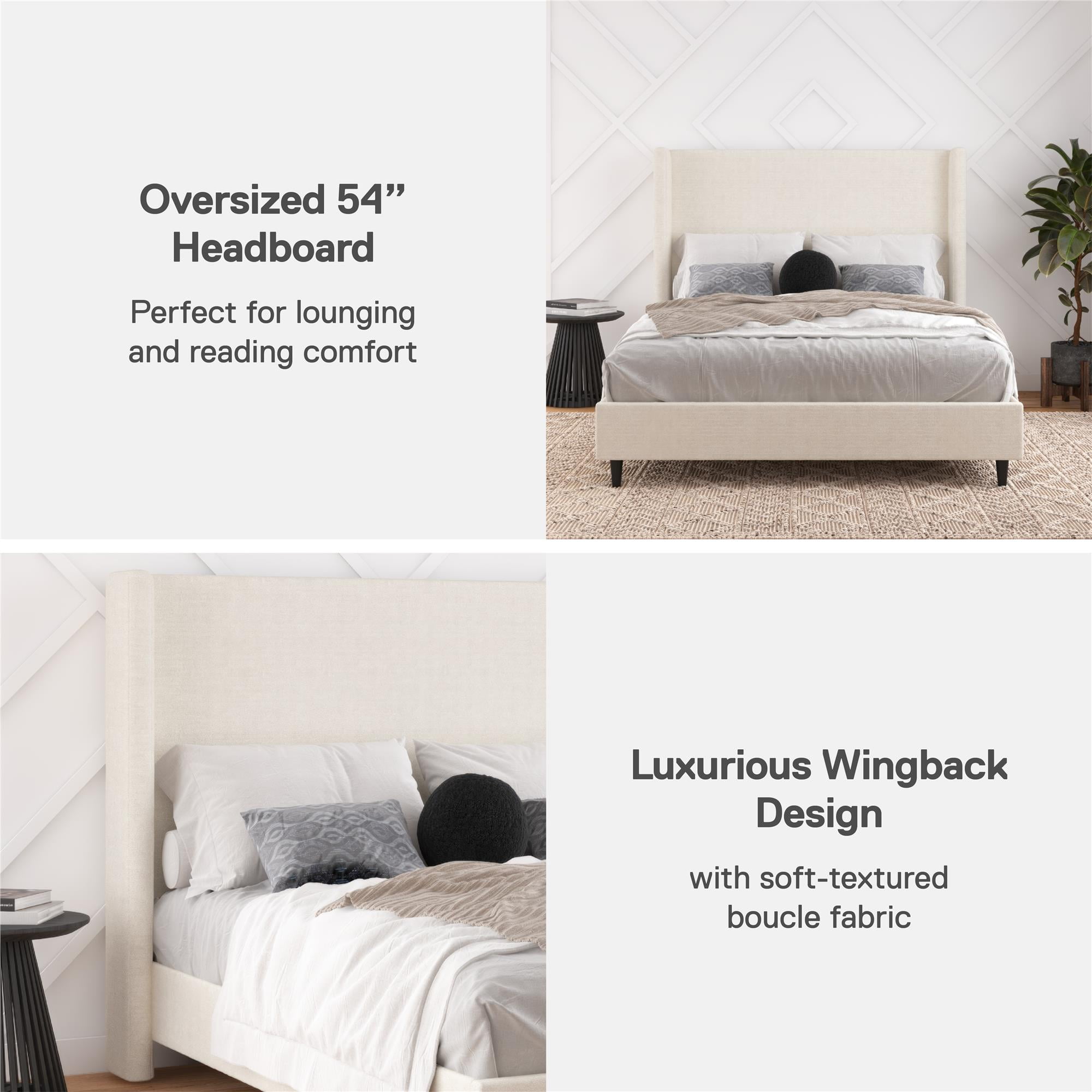 DHP Eveline Upholstered Platform Bed Frame with High Wingback Headboard, Queen, Ivory Boucle