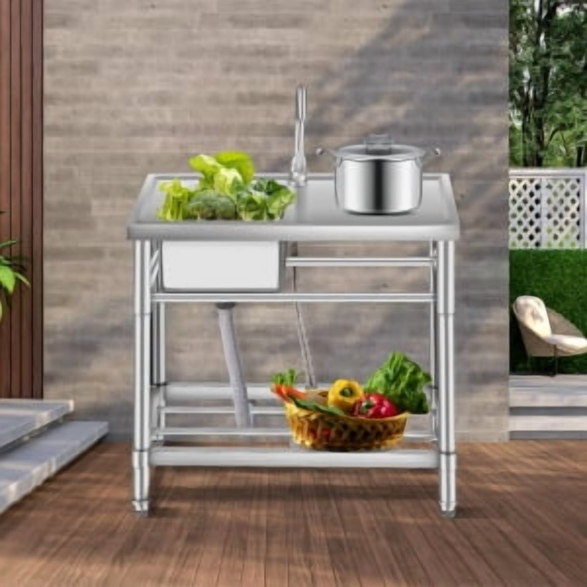 TEQIN Compartment Commercial Sink, Stainless Steel Utility Sink with Pull-out Faucet, Free Standing Laundry Sink Kitchen Sink with Storage Shelve for Restaurant, Garage, Shop, Cafe, Outdoor