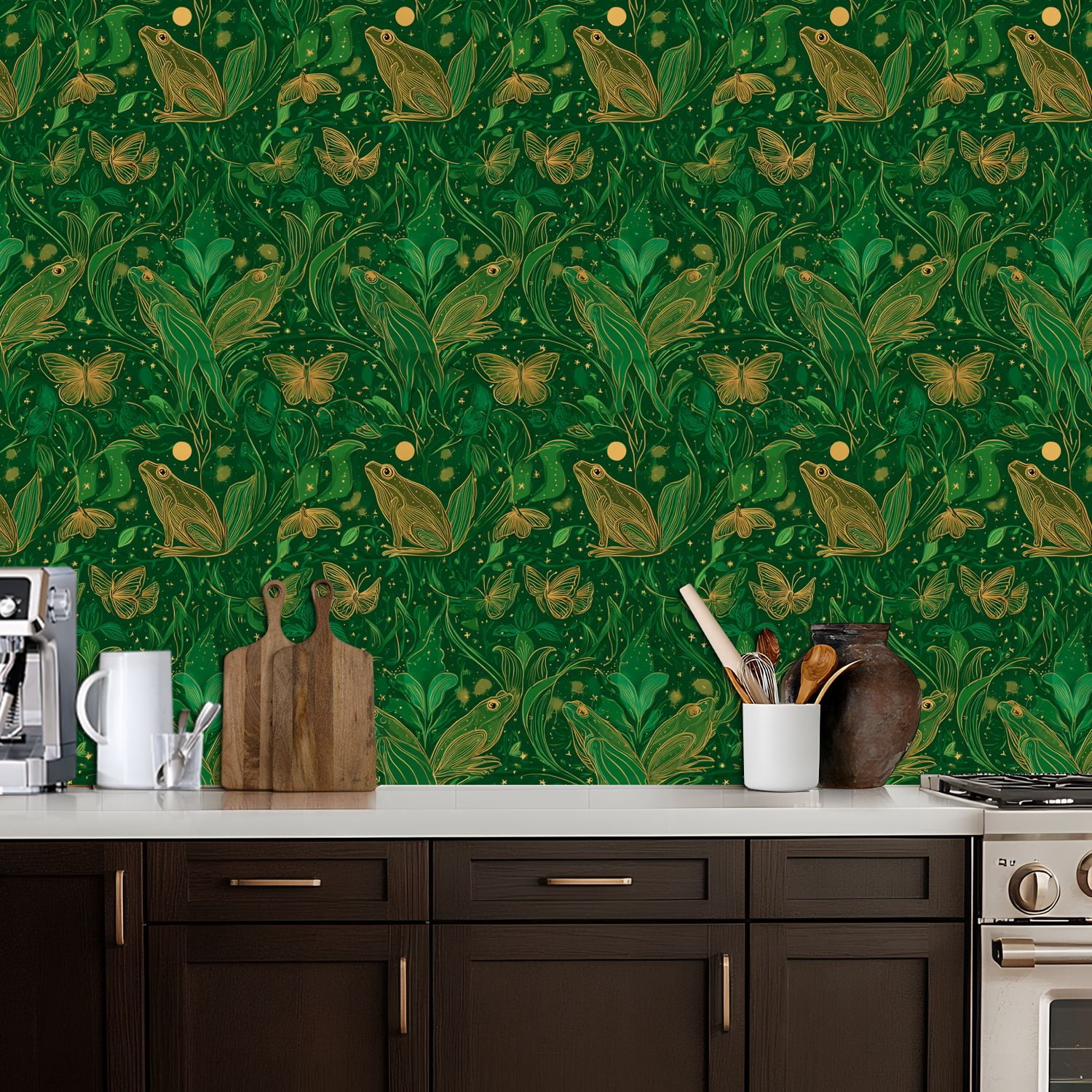 Vintage Peel and Stick Wallpaper Whimsical Frogs Butterflies Floral Elements Green Gold Wall Mural 17.7in x 9.8ft Self Adhesive Removable Wall Paper Renter Friendly Wallpaper for Nursery Bedroom