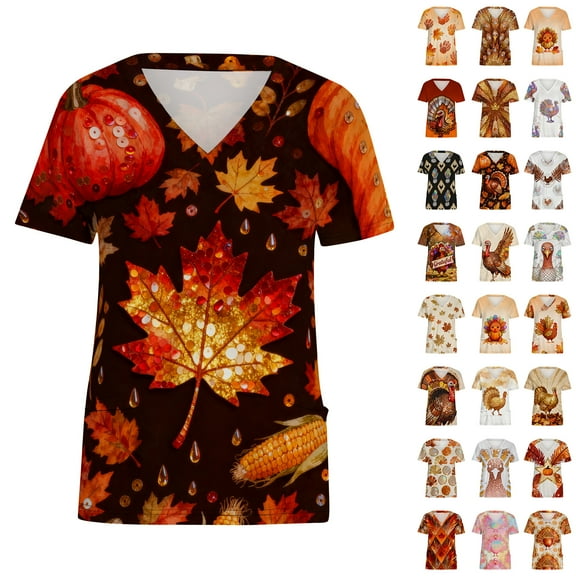 Feancey Thanksgiving Scrubs Tops for Women with Pockets Novelty Turkey Print Working T-Shirts Nurse Casual V Neck Scrub Shirts Holiday Workwear Multicolor S