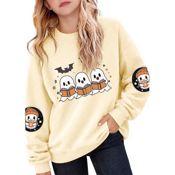 Kiijoy Halloween Girls Sweatshirt Casual Graphic Long Sleeve Pullover, Beige, Sizes 2-3T
