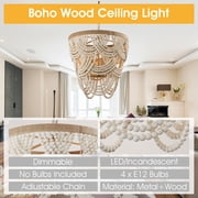 Parrot Uncle 20 Bohemian 4-Light 3-Tier Wood Beaded Dimmable Chandelier Pendant for Bedroom