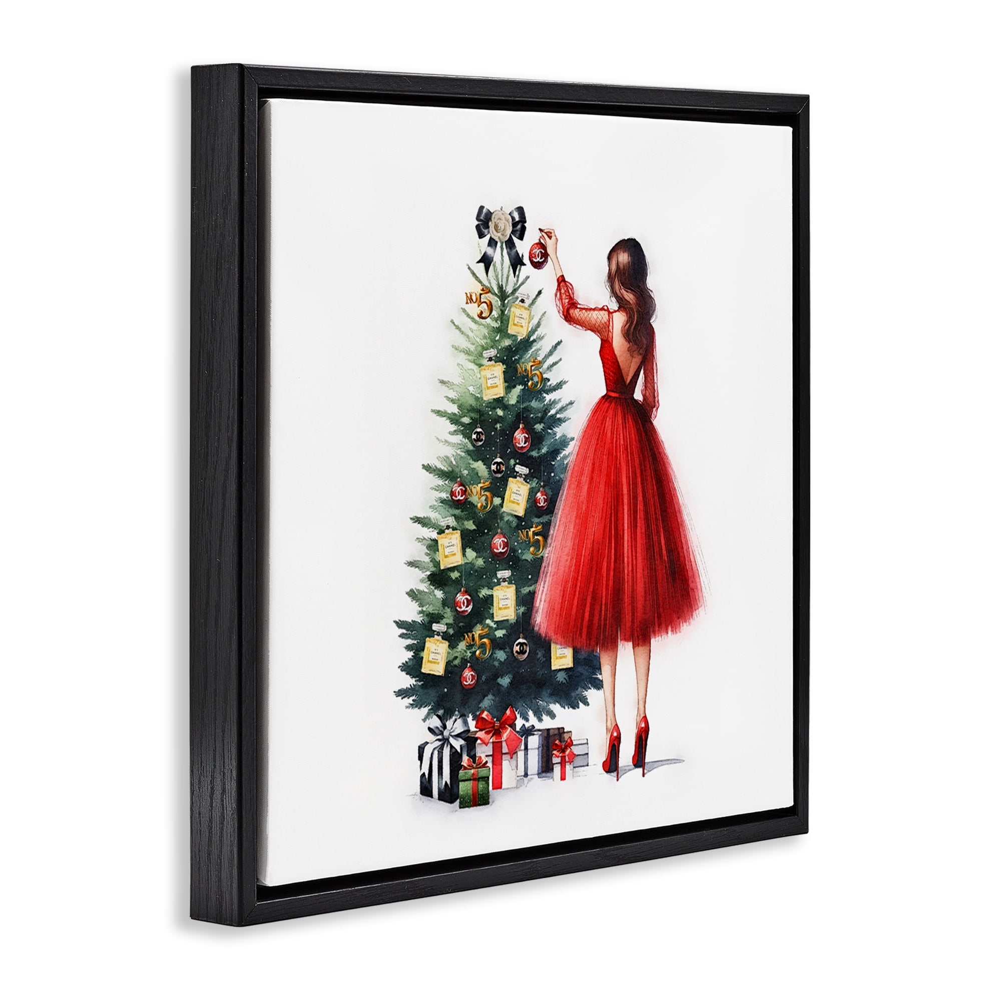 Stupell Industries Fashion Tree Ornaments Holiday Painting Black Floater Framed Canvas Art Prints Wall Art, 18 x 18