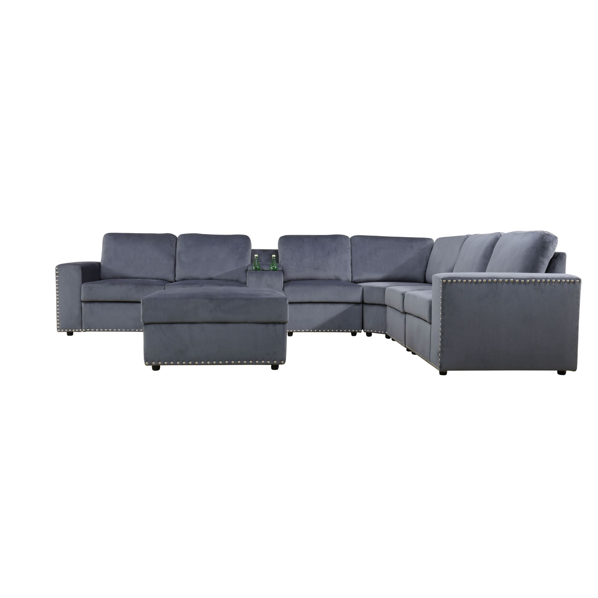 MAYEERTY Modular Sectional Sofa Set, Convertible Upholstered Couch with Ottoman, Console & Cup Holders, for Living Room Family Room, Dark Grey