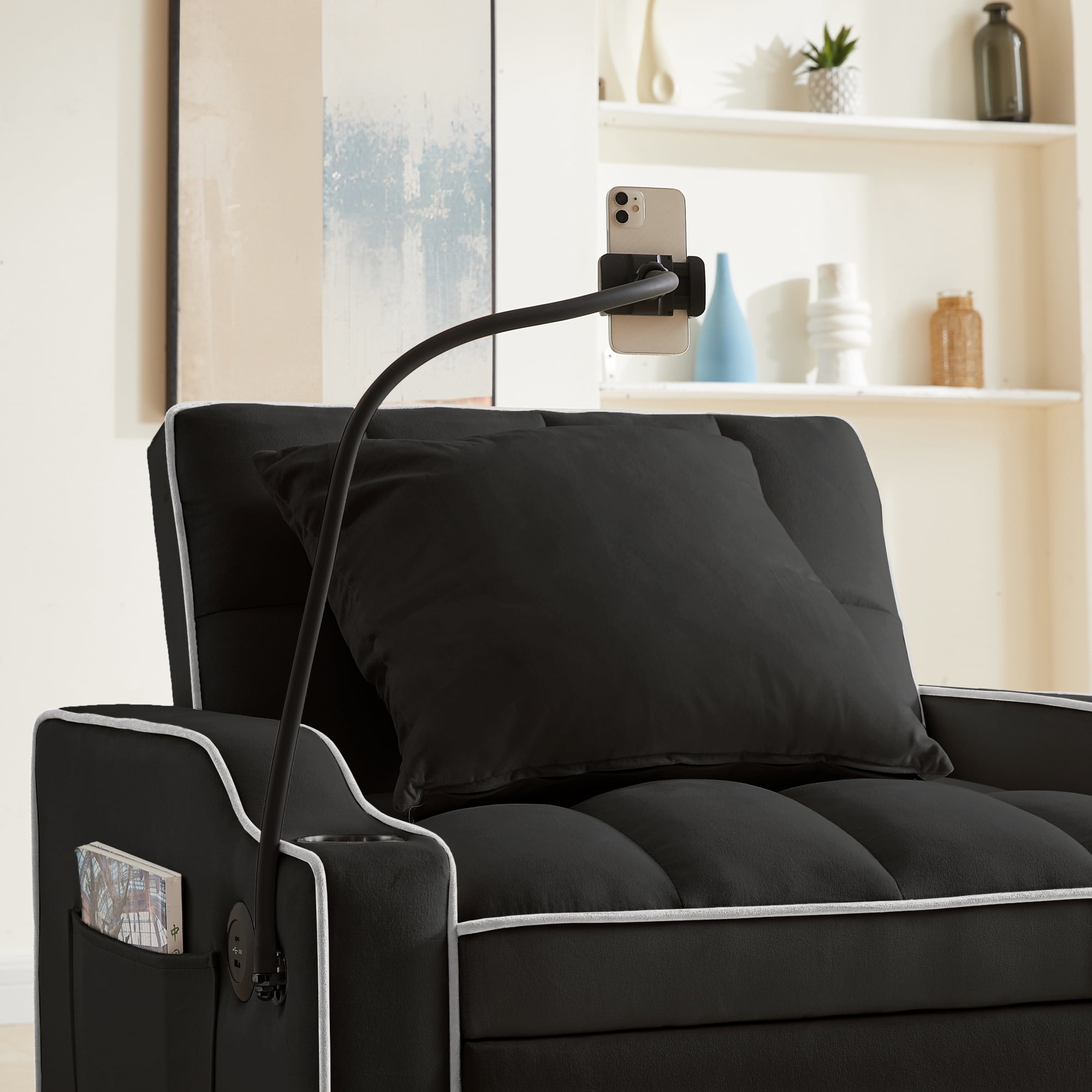 Jopath Convertible Sleeper Sofa Chair Bed,3 in 1 Velvet Single Sofa with Phone Holder & Cupholders,Pull Out Couch Recliner with Adjustable Backrest for Living Room, Office, Small Place,Black