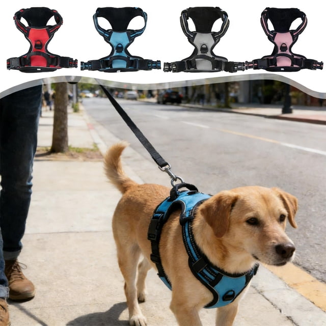 Arnés reflectante para perros, chaleco antiexplosiones, arnés para mascotas de tamaño medio grande con asa, correa de malla ajustable sin tirar, entrenamiento nocturno para pasear Rojo azul gris