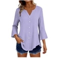 thumbnail image 1 of Craaazy Women's Relaxed Fit V Neck Blouse, Solid Color 3/4 Sleeve Flare Cuff Top, Loose Comfy Button Accent Casual Tee for Spring & Summer Gifts, 1 of 7