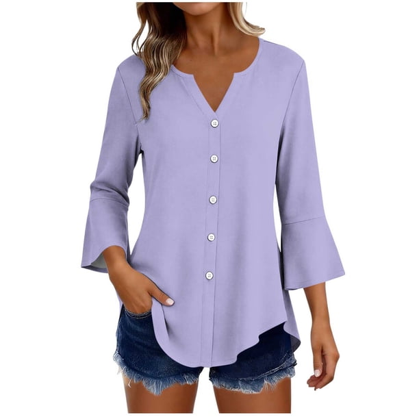 Craaazy Women's Relaxed Fit V Neck Blouse, Solid Color 3/4 Sleeve Flare Cuff Top, Loose Comfy Button Accent Casual Tee for Spring & Summer Gifts