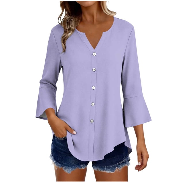 Craaazy Women's Relaxed Fit V Neck Blouse, Solid Color 3/4 Sleeve Flare Cuff Top, Loose Comfy Button Accent Casual Tee for Spring & Summer Gifts