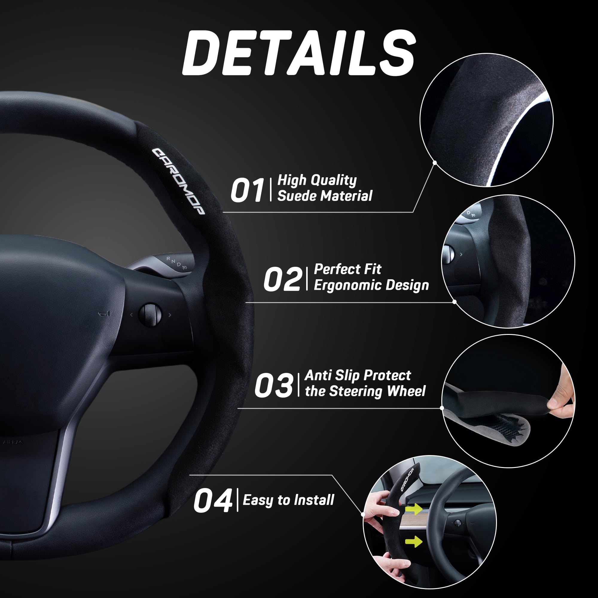 Caromop Suede Steering Wheel Cover, 14.5-15 in, Non-Slip, 2 pack, Black