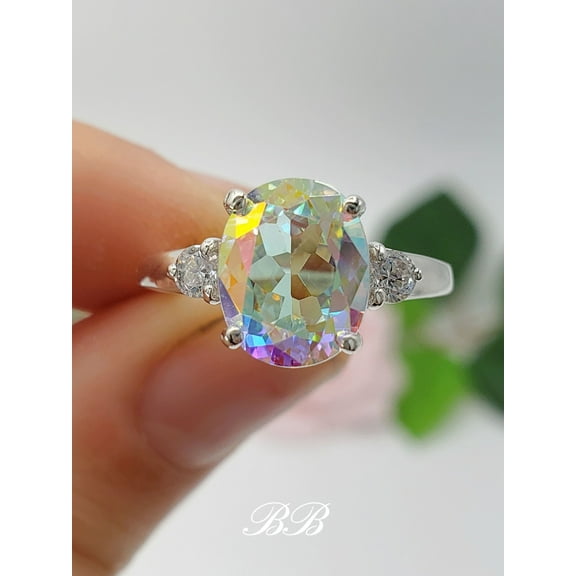9x7mm - 14x10mm Mystic Mercury Topaz Oval Cut, Three Stone Ring, 6A Quality Cubic Zirconia Accents, Sterling Silver or Gold, Made to Orde