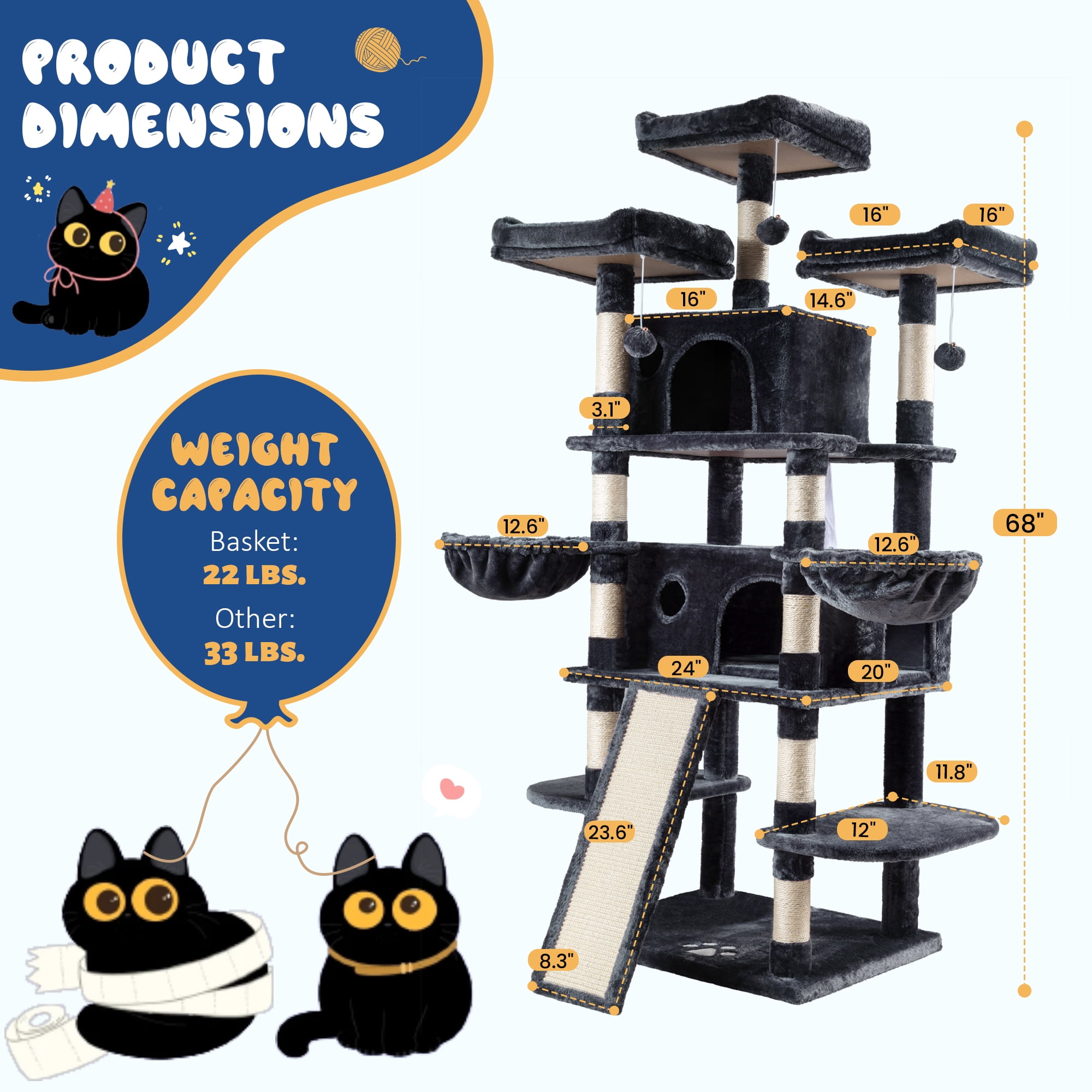 Allewie 68" Multi-Level Large Cat Tree and Tower with Cat Condo House, Scratching Posts & Board, Dark Blue