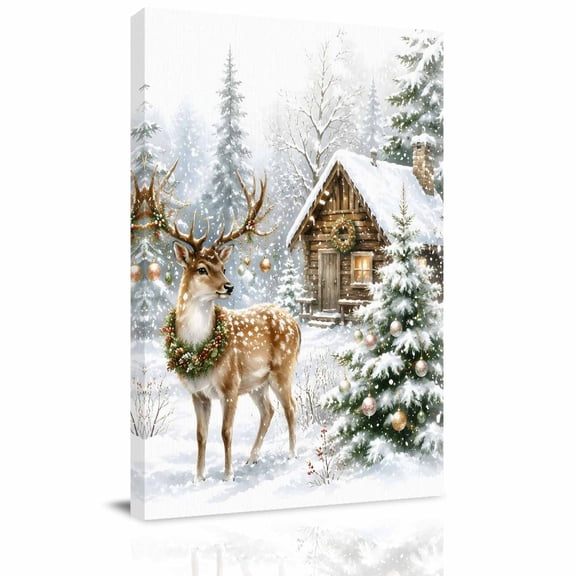 Canvas Wall Art, Christmas Framed Canvas Prints for Hallway Living Room, Rustic Farmhouse Elk Pine Trees Snowy Winter Extra Large Gallery Wrapped Wall Decor for Home Office, Gifts, 20"x30"