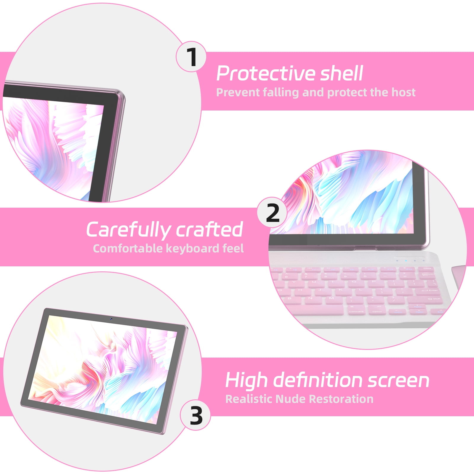 Android 15 Tablet, 10 inch 2 in 1 Tablets with Keyboard, 12GB RAM 64GB ROM 1TB Expand, Quad-Core 2.0Ghz CPU, 5G WiFi 6, BT5.0, 1280x800 HD Touchscreen, 6000mAh, Widevine L1, GMS Tablet, Pink