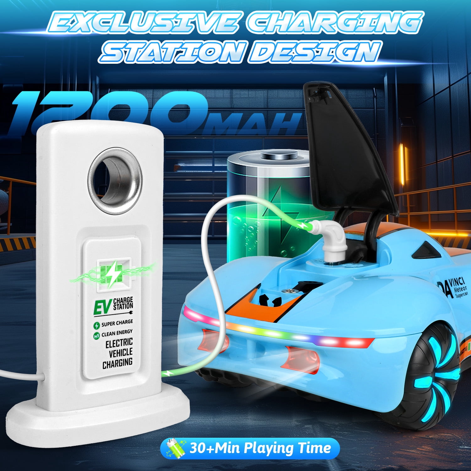 Huge Wave High Speed RC Car for Boys 4-12, 2.4GHz Drift Remote Control Car with Charging Station, Change Light, Dual Spray, 360° Rotate, Birthday Gifts for Kids, Blue