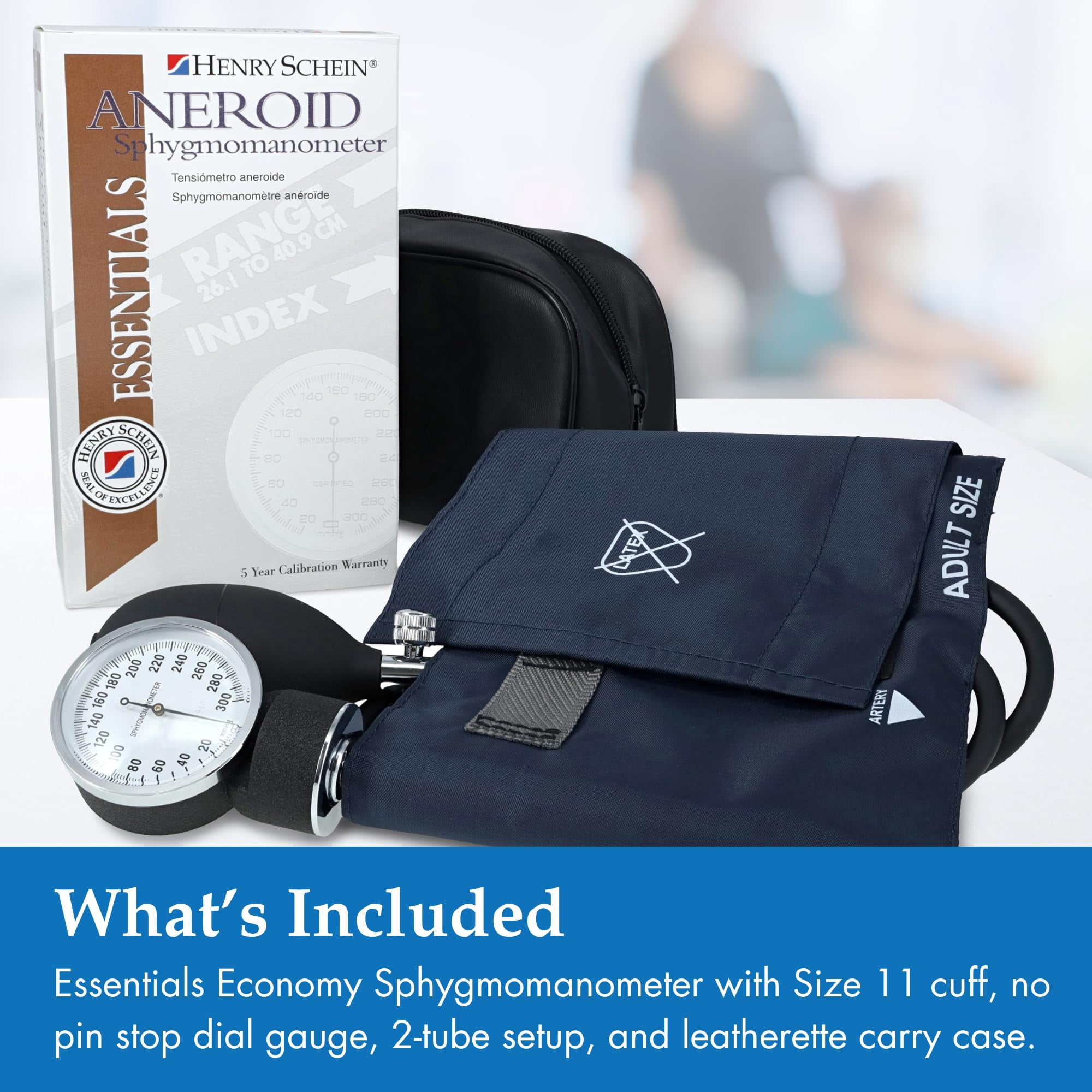 Adult Pro Aneroid Sphygmomanometer – Size 11 Navy Blue Cuff, Manual Blood Pressure Monitor, Reusable, Dial Display, Includes Leatherette Carrying Case – 1 Count