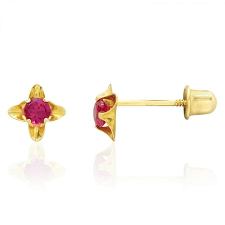 Gemstone Yellow Earrings - 14k Yellow Gold Round Cut Ruby Flower Baby Screwback Stud Gemstone Earrings 5mm