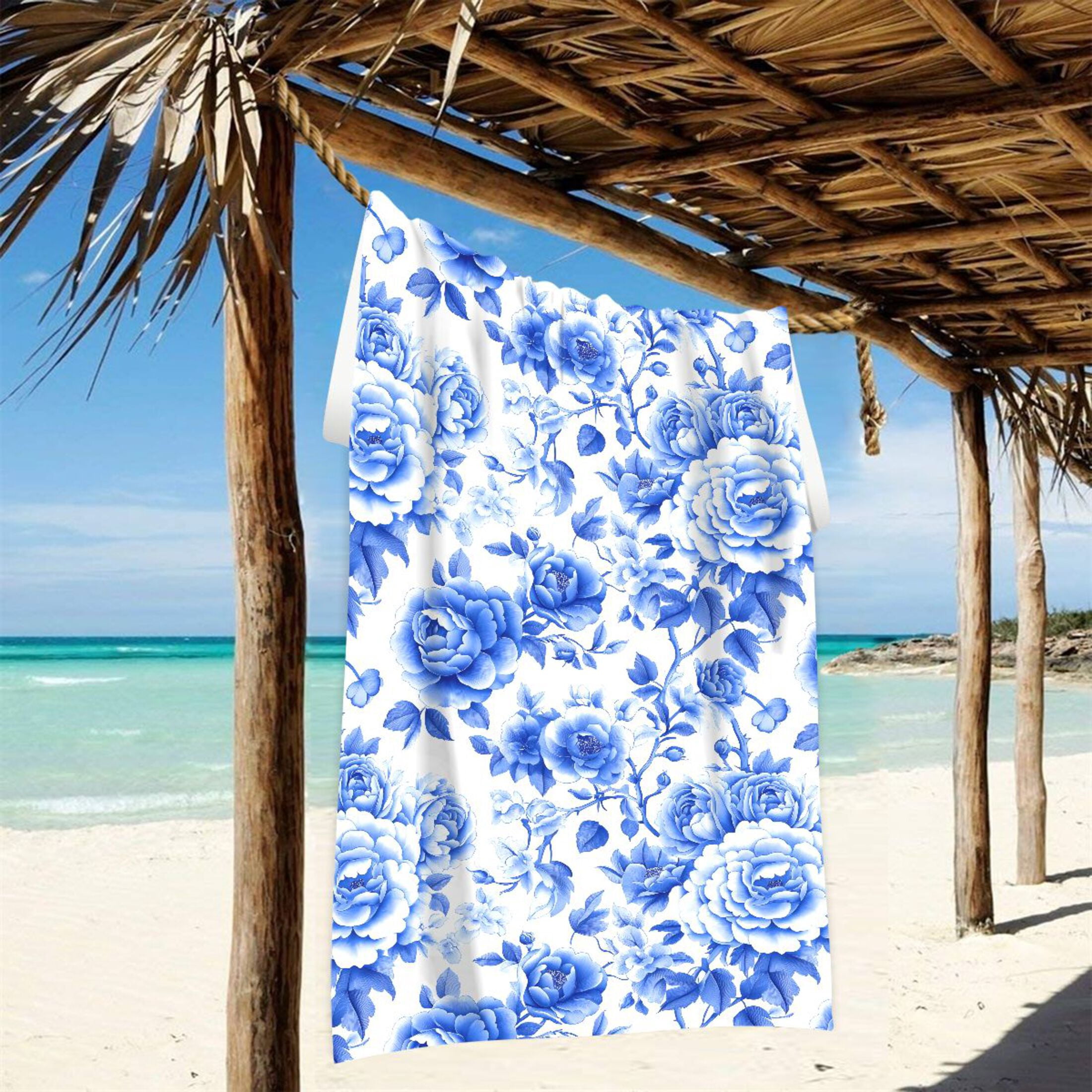 Oversized Beach Towel Extra Large Absorbent Microfiber Bath Towels Soft Quick Drying Blue White Porcelain with Roses 74"x37"