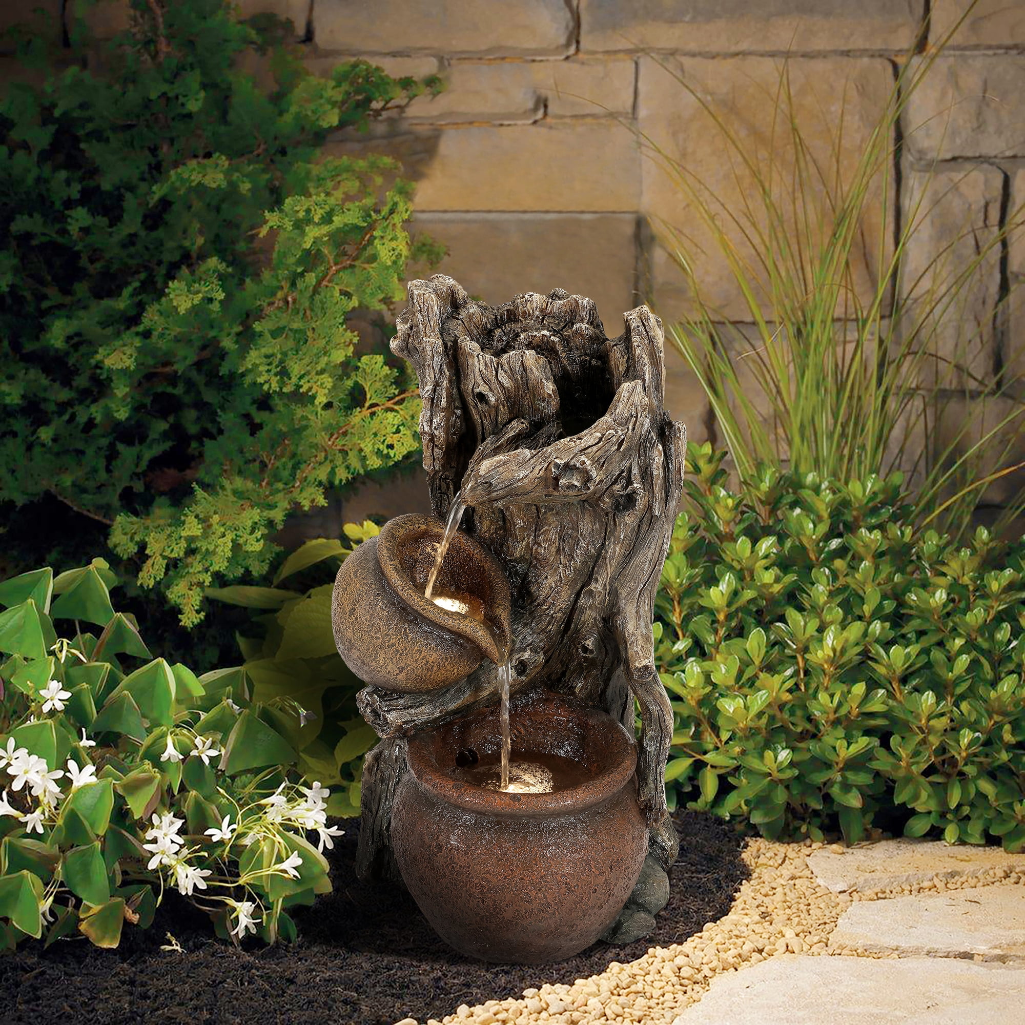 LuxenHome Brown Resin Tree Farmhouse Pots Outdoor Fountain with LED Lights