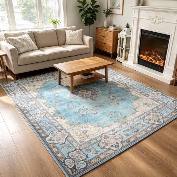 Vintage Area Rug Modern Bohemian Rug for Living Room, Washable Carpets Soft Non-Slip Low Pile Rugs Home Decor, Blue, 5' x 8'