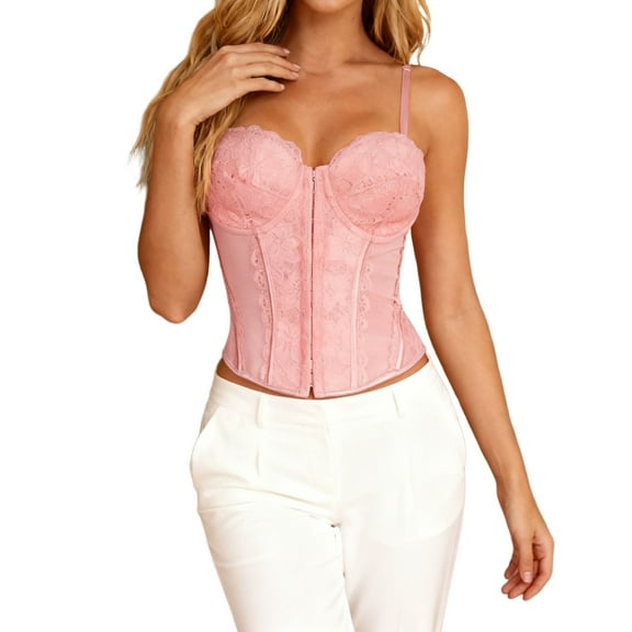 Aihuaihua Y2k Lace Mesh Corset Top Women Lace up Strappy Boned Bustier Cami Tank Tops Streetwear Pink L