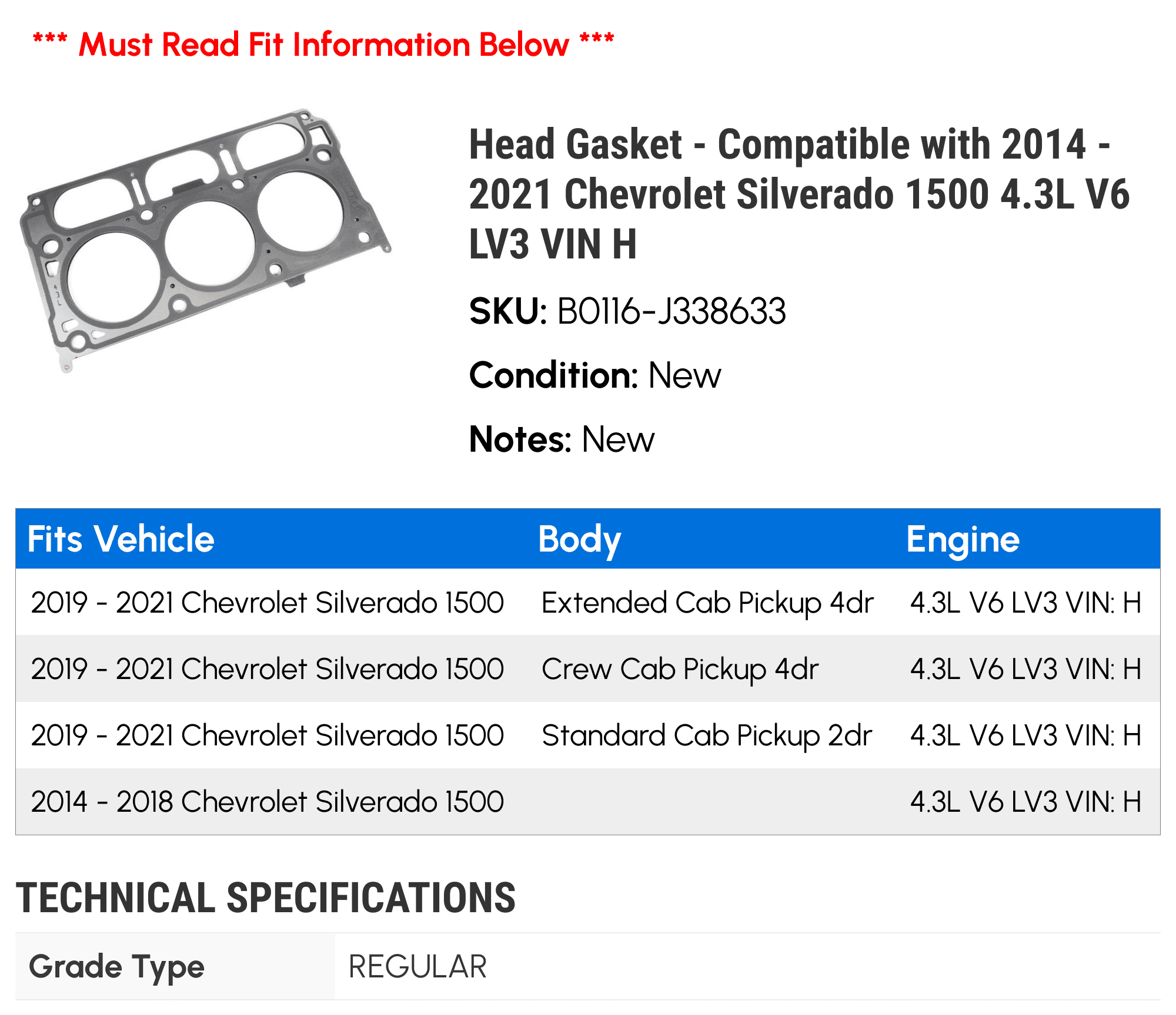 Full Cylinder Engine Gasket Set For Chevy Silverado, GMC Sierra 4.8L/5.3L V8 2002-2011 – HS26191PT-1 Replacement, Complete Kit